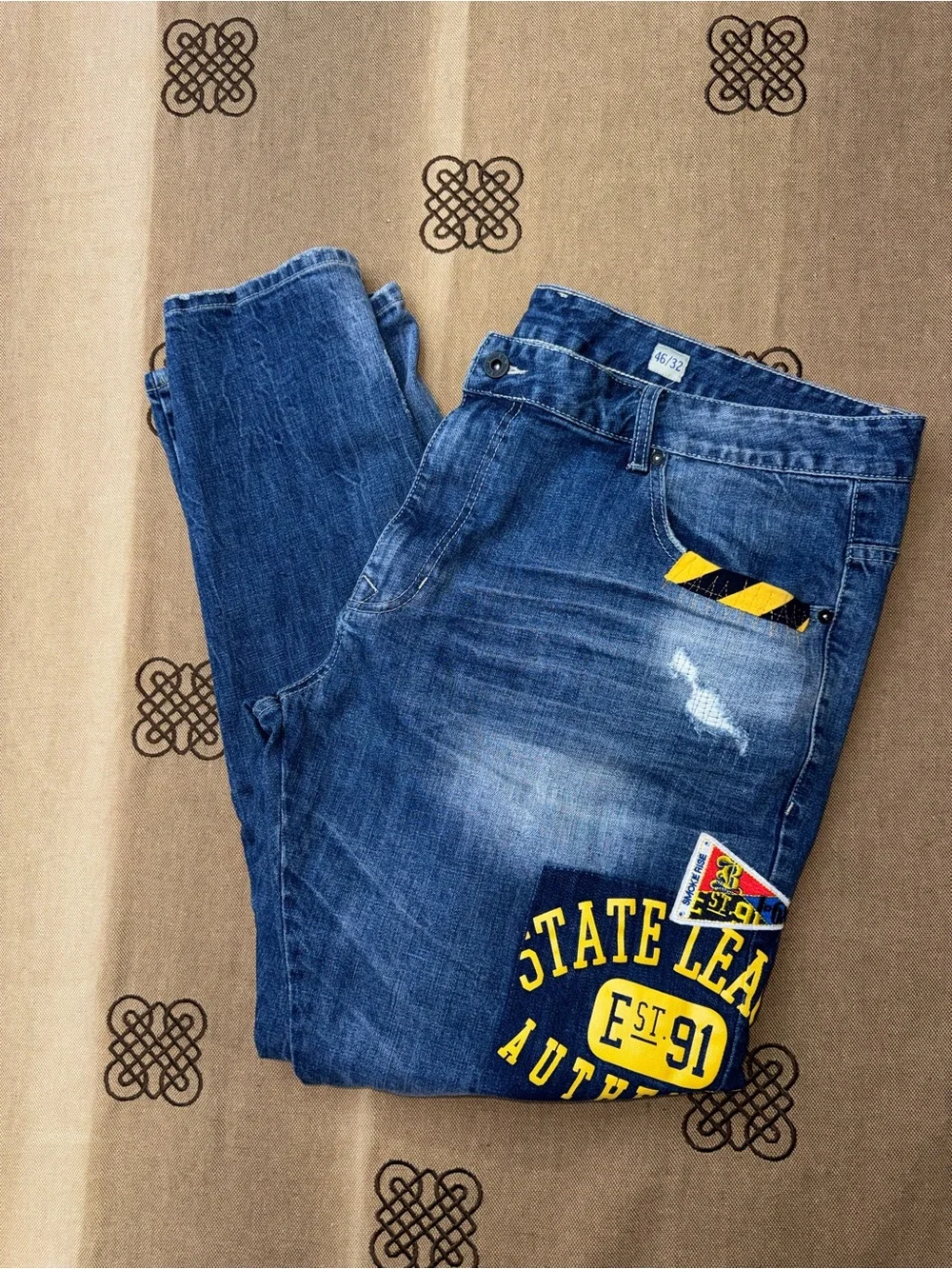 Smoke Rise Jeans Men'S Distressed Straight Rip Patches In Blue Wash Size 46 In E